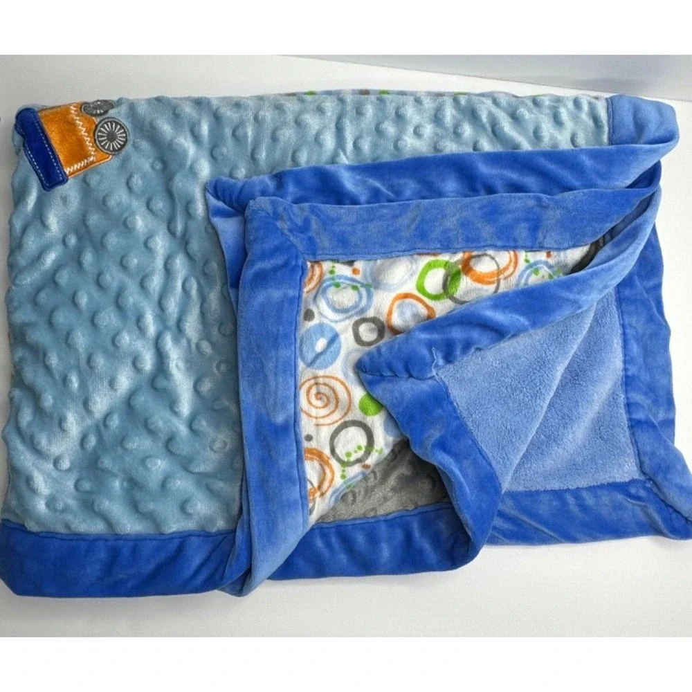 Little‎ Beginnings Baby Blanket Blue Train Raised Bumps Polka Dots Circles Swirl